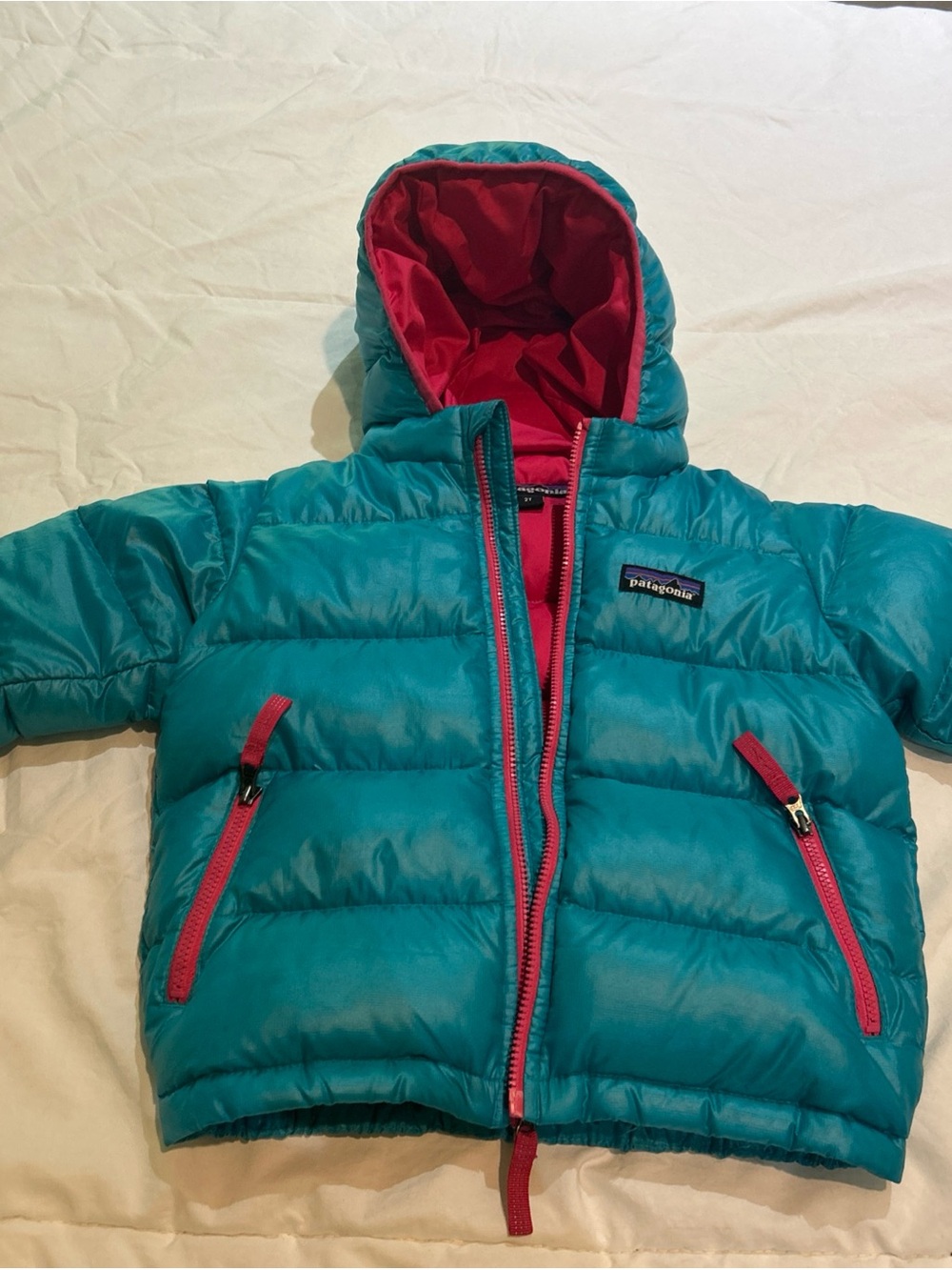 Girls Toddler Sz 2T Patagonia Hi Loft Down Hood Jacket Turquoise Blue Pink